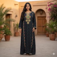 جلابية كشميري كم طويل مطرزة خيط