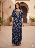 جلابية كشميري نص كم بتطريز خفيف