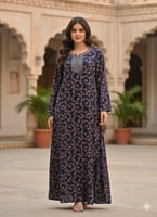 جلابية كشميري كم طويل بتطريز خفيف