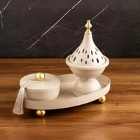طقم مبخرة وعلبة بخور بتصميم عصري مميز لون بيج