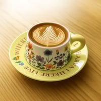 مق زهور أنيق مع صحن وردي لتقديم القهوة واللاتيه