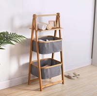 رف خشب مع 2 سلة قماش رصاصي