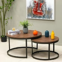 طقم طاولات قهوة وسط خشب بقواعد معدن