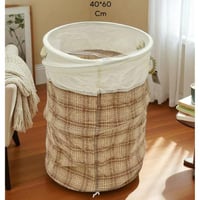 سلّة غسيل بغطاء شبكي بلون بيج ونقشة كلاسيكية تضيف...