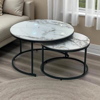 طقم طاولات قهوة دائرية بتصميم رخامي أبيض مزخرف (قط...