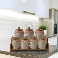 طقم علب سكر وشاي وبهارات سيراميك بغطاء و حامل خشب...