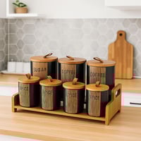 طقم علب سكر وشاي وبهارات سيراميك بغطاء و حامل خشب...