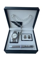 طقم رجالي ساعة استيل مع كبك وقلم وسبحه