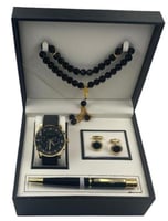 طقم رجالي ساعة جلد مع قلم وسبحة وكبك