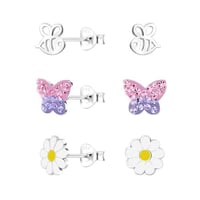 طقم أقراط مسمار فضية للبنات – نحلة وفراشة وأقحوانة