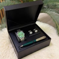 طقم فاخر ساعة كاسيو مع قلم وكبك - زيتي