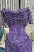 فستان سهره أوف شولدر ثلاث الوان فوشي و اخضر وموف