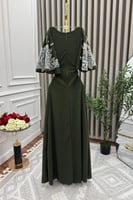 فستان ناعم بأكمام مطرزة واسعة لون أخضر داكن