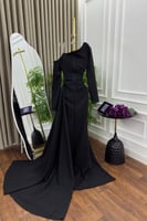 فستان سهره أوف شولدر بأكمام لون اسود
