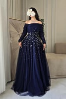 فستان سهره أوف شولدر مزين بالكرستال بعدة الوان