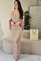 فستان سهره أوف شولدر مشغول لون بيج