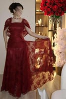 فستان سهره أوف شولدر بلونين احمر و نيلي