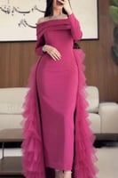 فستان سهره أوف شولدر بذيل طبقات لون فوشي