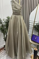 فستان سهره كلوش بكم واحد لون زيتي