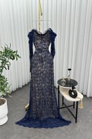 فستان سهره أوف شولدر مزين بالخرز لون كحلي