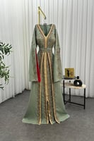 جلابيه قطعتين بأكمام طويلة مزين بالخرز لون أخضر