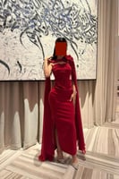 فستان سهره أنيق توب بشال خارجي لون أحمر