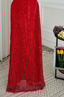 فستان سهره أوف شولدر تطريز بالخرز لون أحمر