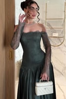 فستان سهرة اوف شولدر بلون زيتي