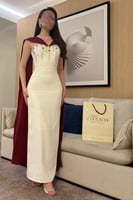 فستان سهرة أوف شولدر لون بيج بااحمر