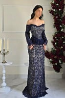 فستان سهره أوف شولدر مزين بالخرز لون كحلي