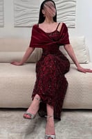 فستان سهره أوف شولدر مشغول لون احمر