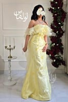 فستان سهره أوف شولدر مزين بورود بارزة لون اصفر