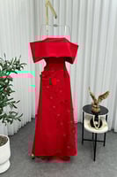 فستان سهره أوف شولدر بورود بارزة لون أحمر