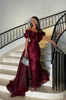 فستان سهرة اوف شولدر لون برغندي