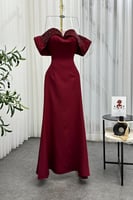 فستان سهرة أوف شولدر مزين بالخرز لون برغندي