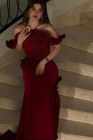 فستان سهره أوف شولدر بحبال لون أحمر داكن
