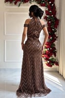 فستان سهره أوف شولدر مشغول لون بني