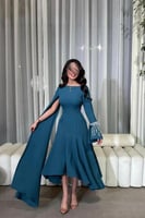 فستان ناعم بأكمام مختلفه لون تركوازي غامق