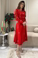 فستان ناعم مزين بالخرز بأكمام طويلة بلونين