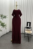 فستان سهره أوف شولدر مزين بالخرز لون خمري