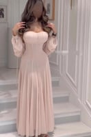 فستان سهر اوف شولدر لونين وردي و عودي