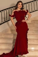 فستان سهره أوف شولدر بحبال لون أحمر داكن
