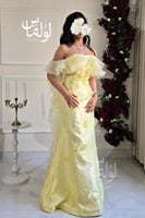 فستان سهره أوف شولدر مزين بورود بارزة لون اصفر