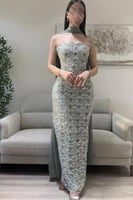 فستان سهره توب بشال خارجي لون رمادي فاتح