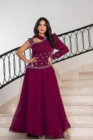 فستان سهره بكم واحد مكشوف لون ارجواني داكن