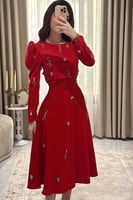 فستان ناعم مزين بالخرز بأكمام طويلة بلونين