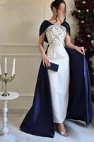 فستان سهره توب بأكمام مزين بالكرستال لون كحلي وابي...