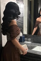 فستان سهره أوف شولدر مزين بالترتر لون بني