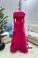 فستان سهره أوف شولدر بذيل طبقات لون فوشي