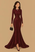 فستان سهره خناقي بأكمام طويلة لون خمري
